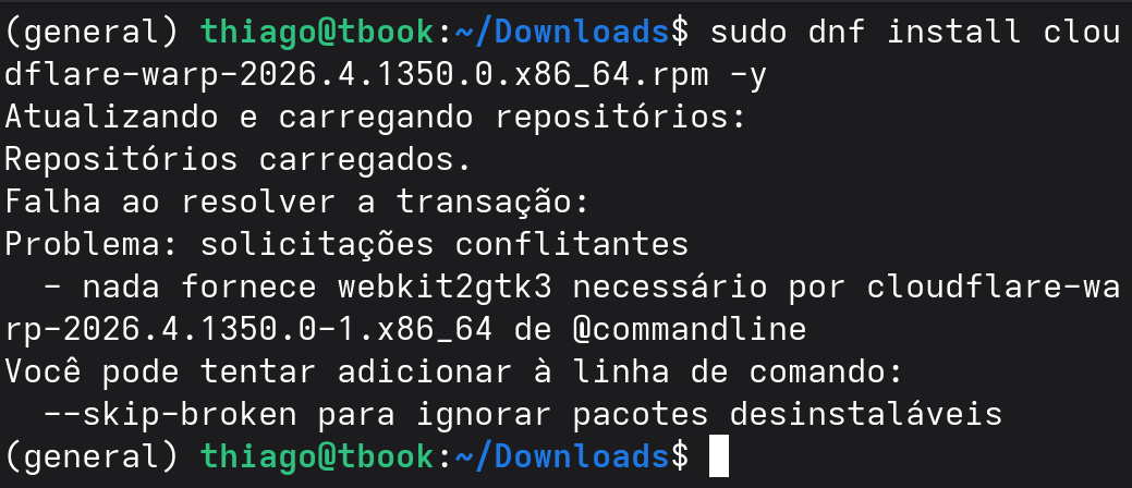 Erro de instalação do Cloudflare Warp devido ao webkit2gtk3
